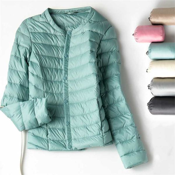 spring autumn white duck down coat women casual ultra light collarless down jacket short coat portable parka plus size 211108, Black